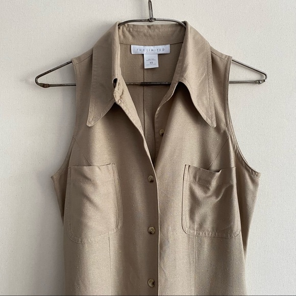 Vintage 90s The Limited Beige Raw Silk Button Front Collared Midi Safari Dress - Picture 6 of 12